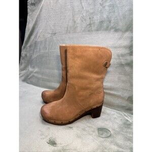 Y2K UGG Boots Lynnea Womens Sz 7 Fold Over Tan Suede Shearling Lined Clogs 3204